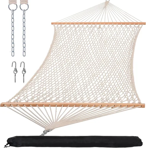 Miniatura 9 de SUNCREAT Hamaca doble de cuerda tradicional Hamaca doble con barra esparcidora de madera dura y bolsa de transporte, capacidad de 450 libras, natural