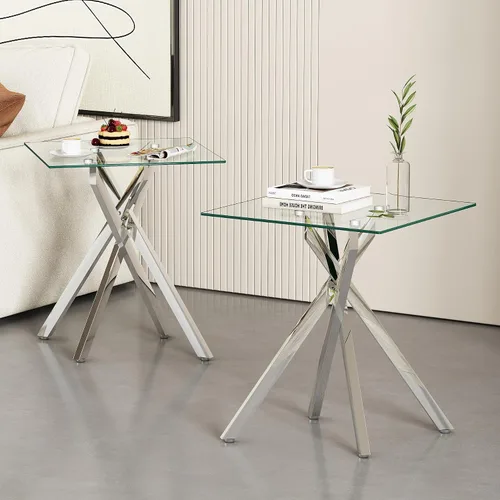 Miniatura 11 de Mesa auxiliar pequeña de vidrio con patas de metal negro, moderna mesa auxiliar cuadrada de vidrio templado transparente con diseño elegante