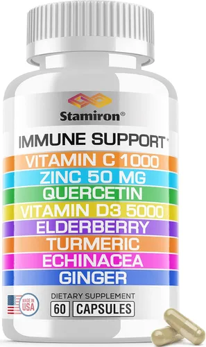 Apoyo inmunológico 8 en 1 con quercetina, zinc 50mg, vitamina C 1000mg, vitamina D3 5000 UI y saúco, equinácea, jengibre para adultos y niños -