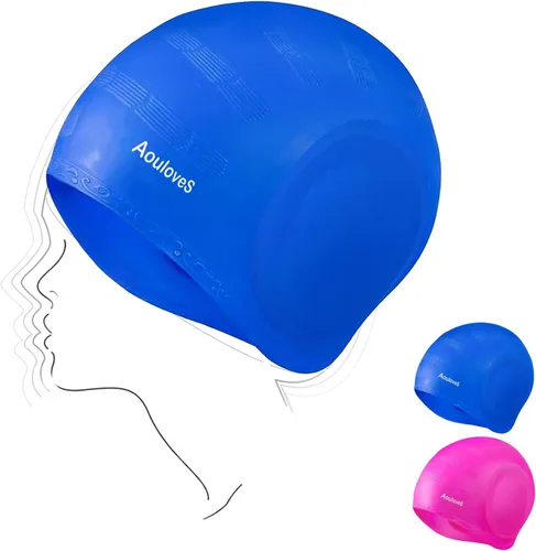Miniatura 7 de Paquete de 2 gorros de natación unisex con protección 3D para los oídos, gorras de natación de silicona duraderas para mujeres, hombres, adultos