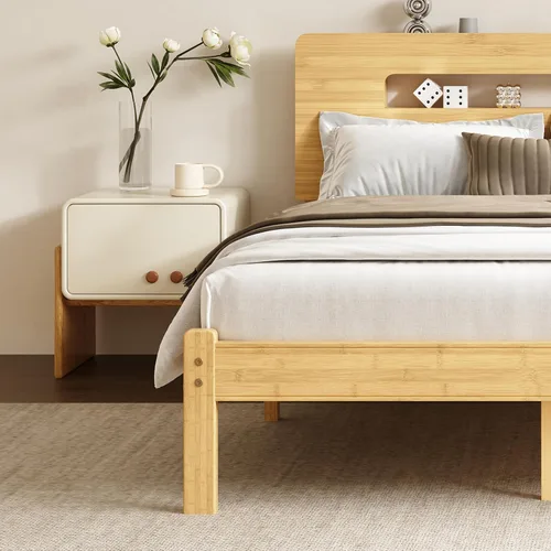 Miniatura 8 de Base de cama de tamaño matrimonial de 14 pulgadas de bambú con cabecera de almacenamiento, marcos de cama sólidos, soporte de listones de metal