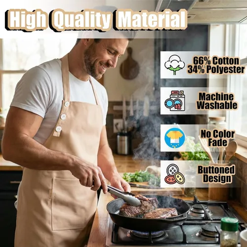 Miniatura 3 de TOSHE Delantal de cocina de algodón resistente a las gotas de agua con delantal ajustable para mujer con bolsillos, 10 opciones de color, delantal