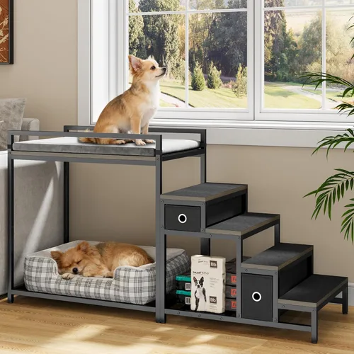 Miniatura 8 de kepptory Litera para mascotas con escaleras y almacenamiento, camas para perros fijadas a la cama humana, cuna para perros y gatos pequeños, Negro