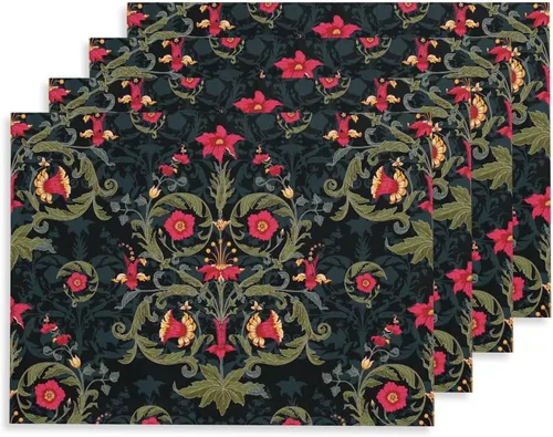 Miniatura 8 de Juego de 4 manteles individuales florales de peonía, color negro oscuro, rosa, morado, rojo, de 12 x 18 pulgadas, lavables, gruesos, manteles