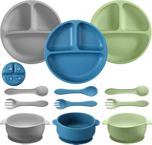 Miniatura 8 de CHENGU 12 piezas Juego de tazones de silicona con ventosa para bebé y niño pequeño con plato de succión, cuchara y tenedor, juego de utensilios