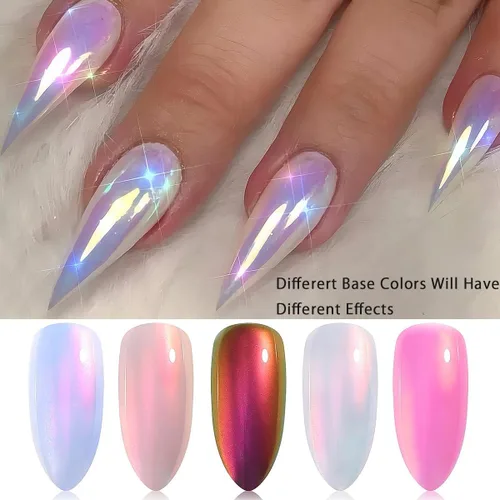 Miniatura 3 de Polvo de uñas cromado de unicornio, perla de neón, iridiscente, efecto de espejo metálico, arco iris, sirena, purpurina, kit de polvo de pigmento
