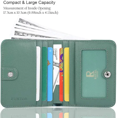 Miniatura 2 de Funtor Cartera de cuero para mujer, pequeña y compacta, con bolsillo doble, bloqueo RFID, para mujer