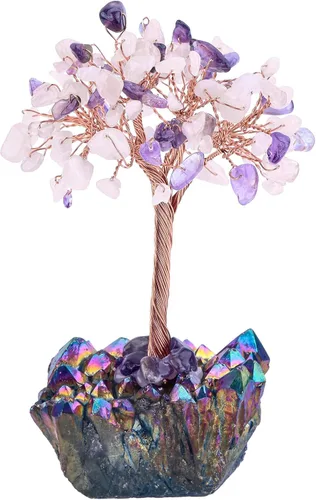 Rockcloud Árbol de dinero de cristal Feng Shui Bonsái con base de cuarzo de cristal recubierto de titanio, decoración para riqueza y suerte,