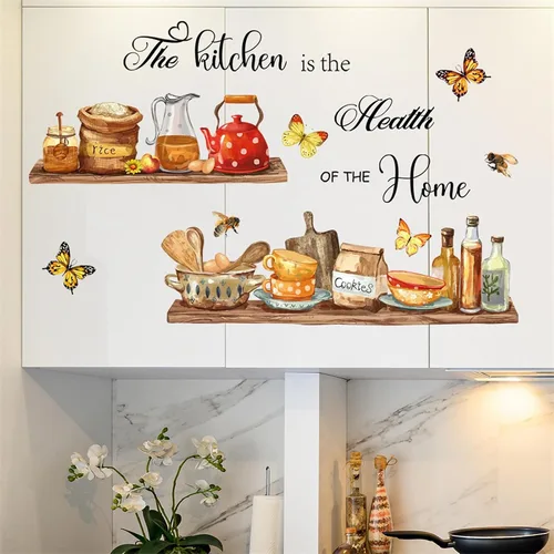 Miniatura 2 de Adhesivos de pared para estante de utensilios de cocina, sacinora The Kitchen is the Heart of Home, calcomanía de pared de abeja de mariposa, vinilo