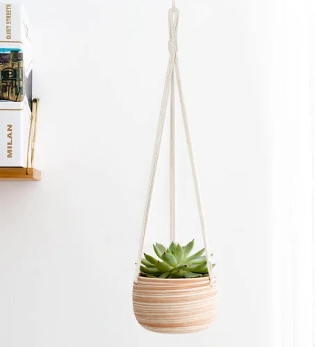 Miniatura 2 de Mkono Maceta colgante de cerámica de macramé de 5 pulgadas, bonita maceta de cactus suculenta con colgador de cuerda de algodón para decoración