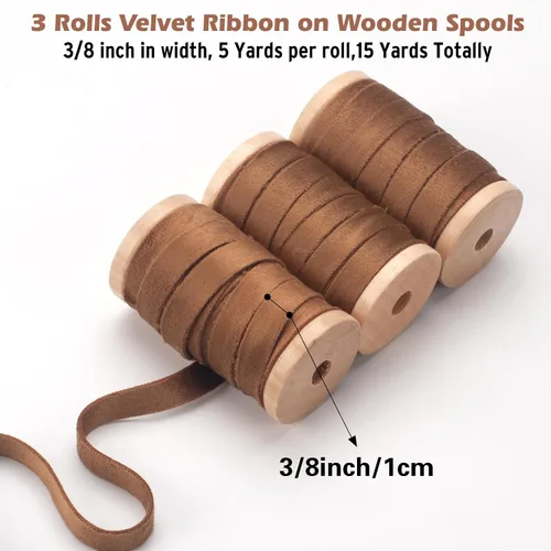 Miniatura 2 de Coowayze Cinta de terciopelo marrón de doble cara para árbol de Navidad, envoltura de regalo de 3/8 pulgadas x 15 yardas en 3 bobinas de madera