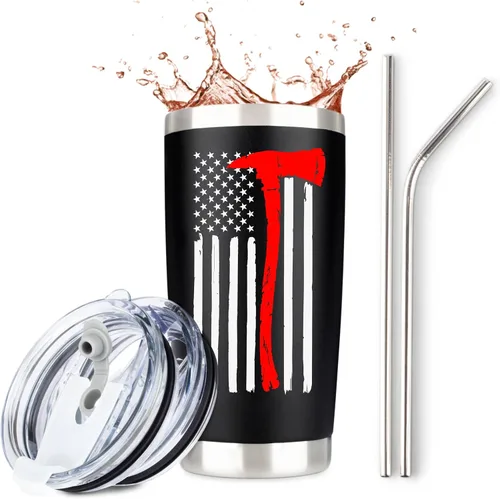 Regalos de bomberos para hombres, vaso de viaje de acero inoxidable con tapa para taza de café, diseño de bandera de línea roja fina para bombero,