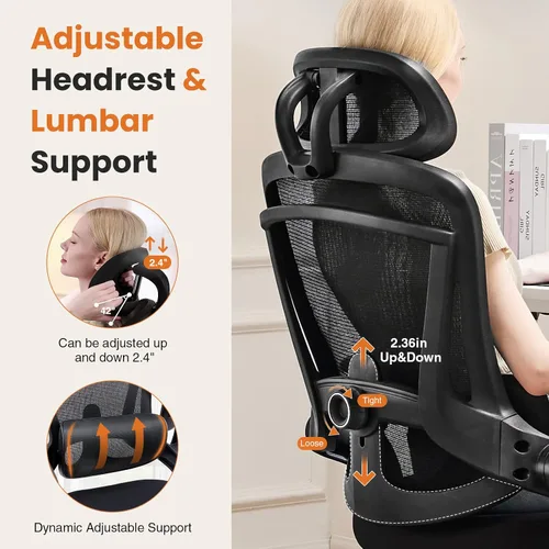 Miniatura 4 de Silla de oficina ergonómica de malla, silla de escritorio de computadora con respaldo alto con reposacabezas ajustable y soporte lumbar, silla