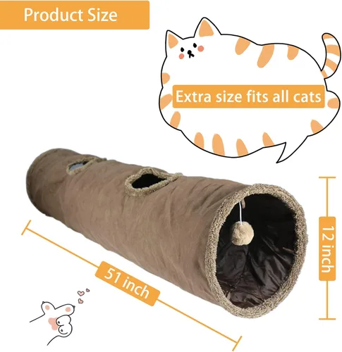 Miniatura 4 de Túnel para gatos de interior, túnel plegable para gatos grandes de 51 x 12 pulgadas, túneles de gamuza marrón para mascotas con dos mirillas y una