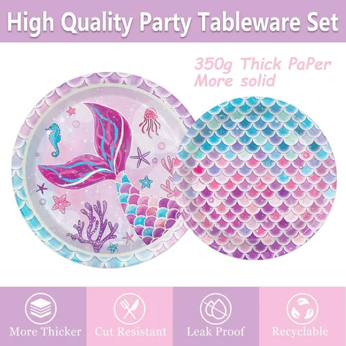Miniatura 4 de Juego de 122 decoraciones para fiesta de cumpleaños de sirena, incluye platos, servilleta, tenedor, taza, mantel, pancarta para baby shower