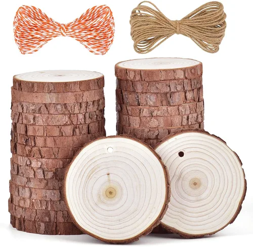 5ARTH Rebanadas de madera natural, 30 piezas de 2.7 a 3.1 pulgadas, kit de madera sin terminar preperforado con agujero, círculos de madera para
