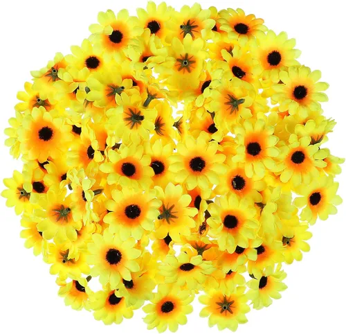 SEWACC 100 mini cabezas de girasol artificiales, pequeños pétalos de girasol falsos, flores amarillas realistas a granel para decoración de fiestas,