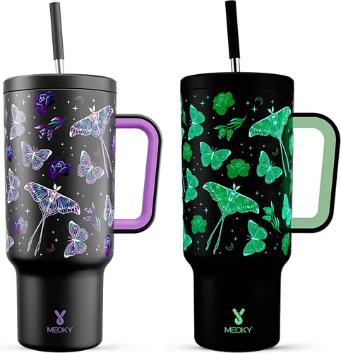 Meoky Vaso de 40 onzas que brilla en la oscuridad con asa y popote, vaso con tapa y pajita, vaso aislado de acero inoxidable para viaje, 100% a