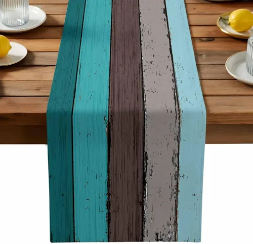 Miniatura 35 de Ocean Hues Farmhouse - Camino de mesa de lino y algodón, estilo retro, con textura de madera de granero rústica, degradado, azul, gris, Azul