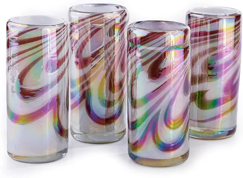 Miniatura 21 de Specialty - Vasos de tequila mexicanos, soplados a mano con color y textura únicos, juego de 4 piezas (borde azul)