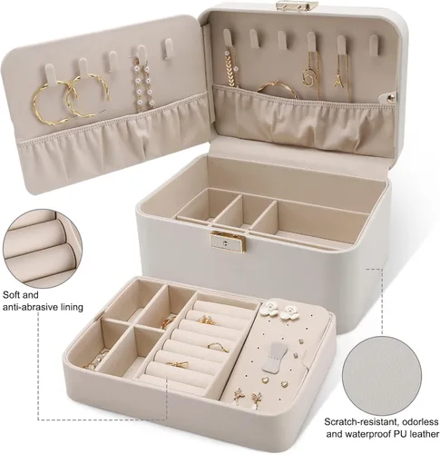 Miniatura 2 de KAMIER Joyero, caja organizadora de joyas de piel sintética de 2 capas, gran capacidad, doble cerradura y espejo grande, ganchos ocultos