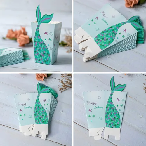 Miniatura 5 de Lamantery Caja de 24 piezas de palomitas de maíz de sirena, caja de papel, suministros de fiesta de cumpleaños de sirena, contenedor de cartón