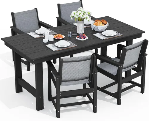 Miniatura 47 de SERWALL Juego de Mesa de Comedor de HDPE para Exteriores, Juego de 7 Piezas de Mesa de Comedor al Aire Libre con Mesa con Corte para Agujero de Gris