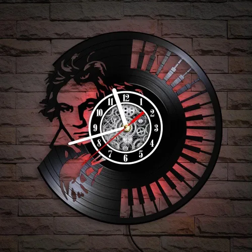 Miniatura 4 de The Geeky Days Ludwig Van Beethoven - Reloj de pared con disco de vinilo LED, 7 colores de luz, 12 pulgadas, teclado de piano de cuarzo silencioso