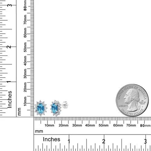 Miniatura 230 de Gem Stone King Aretes ovalados de plata de ley 925 de 0.276 x 0.197 in con piedra natal de la princesa Diana, estilo halo real para mujeres