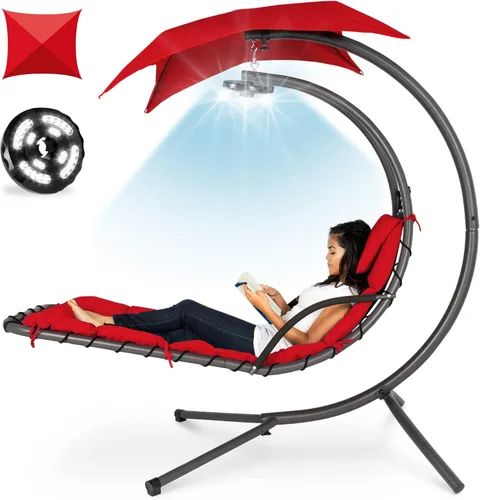 Miniatura 18 de Best Choice Products Tumbona curvada colgante iluminada por LED para patio trasero, patio, césped con 3 ajustes de luz, almohada resistente a