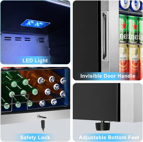 Miniatura 7 de Refrigerador de bebidas para 126 latas, mini refrigerador de bebidas pequeño enfriador de bebidas de acero inoxidable con puerta de vidrio y Acero