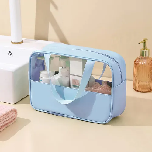Miniatura 6 de Paquete de 3 bolsas de aseo de viaje impermeables, PVC transparente y organizador de maquillaje cosmético de poliuretano floral azul, aprobado por