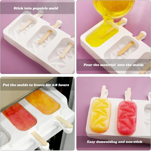 Miniatura 5 de Sakolla 2 paquetes de moldes de silicona para paletas, moldes de helado de diamante de 4 cavidades con 50 palos de madera para paletas de hielo