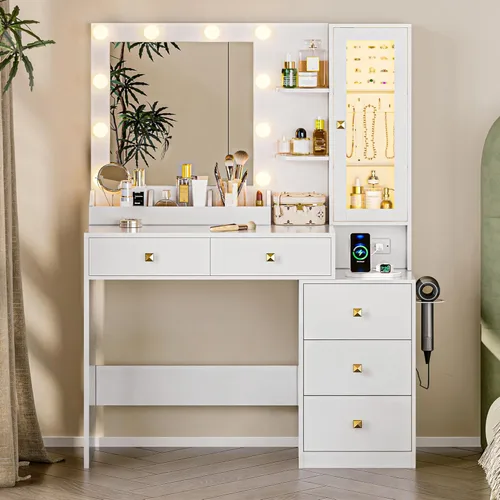 Miniatura 13 de Escritorio de tocador con espejo y luces, tocador de maquillaje negro con 5 cajones, organizador de joyas oculto y gabinete de cristal LED, 3 modos