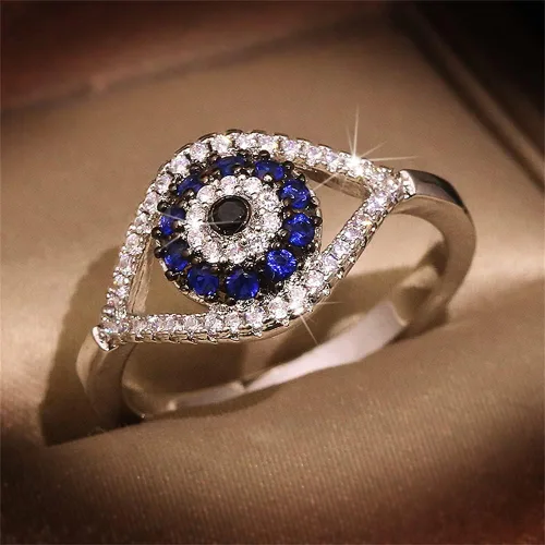 Miniatura 2 de Anillo de plata de ley 925 transparente y azul con circonita cúbica para mujer, anillo de zafiro con circonita cúbica, anillo femenino con un ojo