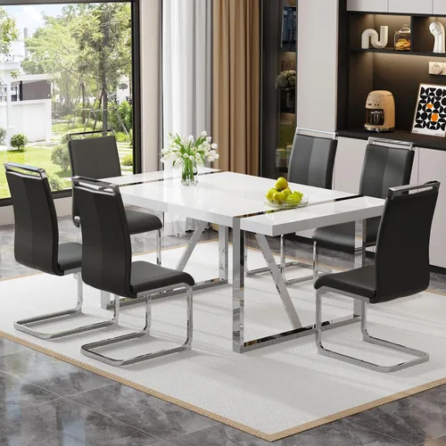 Miniatura 8 de Mesa de comedor Ebullient para 4, mesa de comedor rectangular negra de MDF, tapa de mesa de cena de mármol falso, mesa de comedor moderna con marco