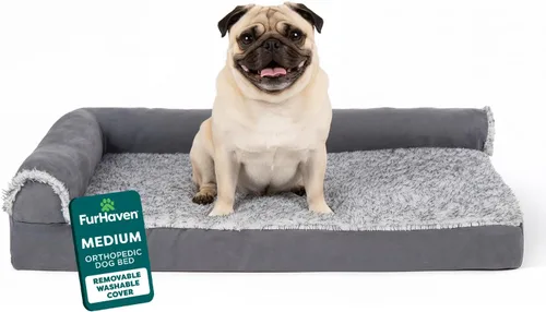 Furhaven - Cama ortopédica de espuma para perros, de piel sintética y gamuza, en forma de L, en dos tonos estilo caja de huevos, color gris piedra,