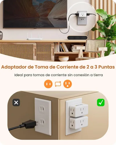 Miniatura 2 de LENCENT Adaptador de salida de 2 clavijas a 3 clavijas, extensor de enchufe de pared, enchufe de pared múltiple con 3 salidas de CA, expansor