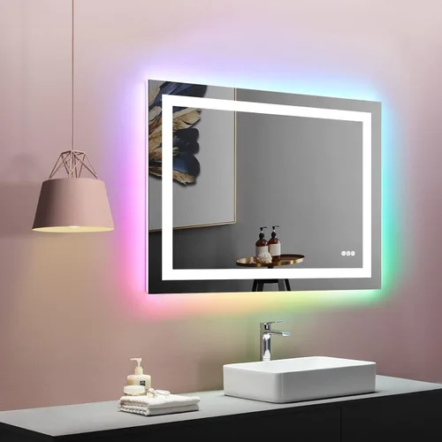 LOAAO Espejo de Baño LED de 40"X32" con Luces, Antivaho, Regulable, Retroiluminación RGB + Iluminación Frontal, Espejo de Tocador de Baño para