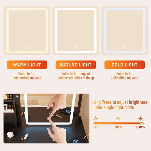 Miniatura 6 de DYHOME Escritorio de maquillaje con espejo de luces LED, 3 modos ajustables y tomas de corriente, mesa de tocador con 6 cajones y banco, escritorio