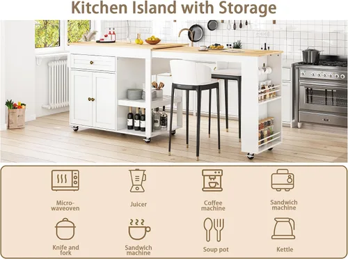 Miniatura 3 de Isla de cocina de 77.8 pulgadas con mesa extensible, isla de cocina rodante con armario de almacenamiento, cajones, estante para especias, toallero