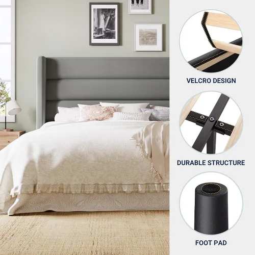 Miniatura 5 de Allewie - Base de cama tamaño Queen con cabecera tapizada en terciopelo con respaldo abatido, sin necesidad de somier, espacio de almacenamiento Gris