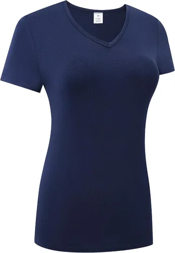 Miniatura 3 de OThread & Co. Camiseta de manga corta para mujer, cómoda, con cuello en V, capa elástica básica