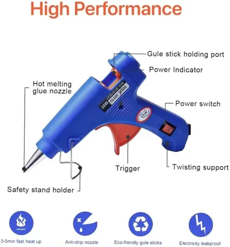Pistola de pegamento caliente con 10 barras de pegamento, kit de mini pistola de pegamento de 30 W, para uso escolar de artes y manualidades, Azul