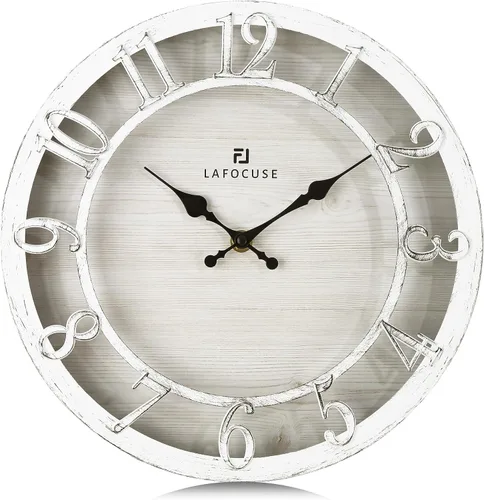 Miniatura 10 de Lafocuse Relojes de pared silenciosos de 12 pulgadas en color marrón, relojes de pared de granja operados con pilas, analógicos para cocina y sala