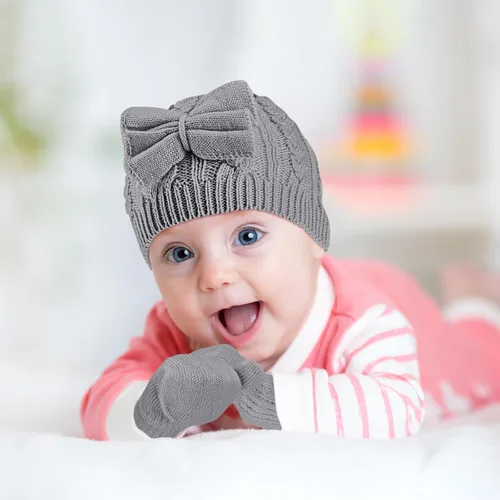 Miniatura 18 de SATINIOR 3 Set Toddler Hat Glove Set, Kids Winter Hats Warm Knitted Beanie Mittens Gloves with Bow for Baby Girls Boys 0-6Y