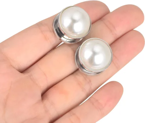 Miniatura 2 de Qmcandy 2 unidades de túneles de oreja de perlas de acero inoxidable, doble acampanada, tapones de tornillo para perforación 2G-58 pulgadas
