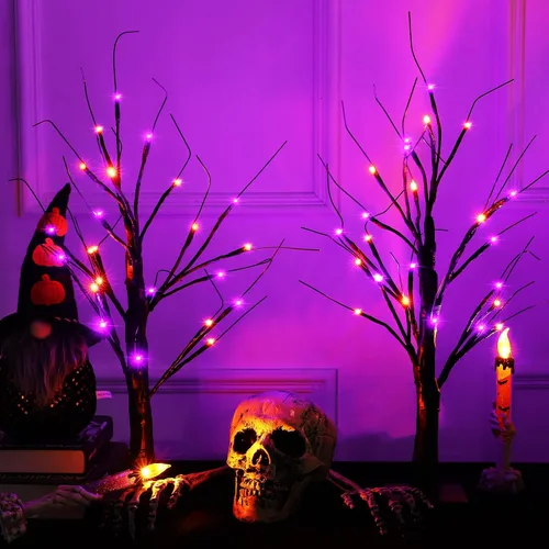 Miniatura 2 de Efunly Paquete de 2 árboles espeluznantes negros de Halloween de 24 pulgadas con luces naranjas y moradas, USB y árbol negro de mesa