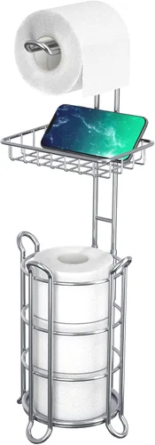 Miniatura 8 de Soporte de rollo de papel higiénico para baño, soporte de papel higiénico de pie con estante de almacenamiento central, reserva de mega E-plata