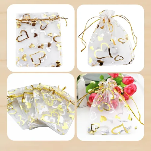 Miniatura 3 de QIANHAILIZZ 100 unidades de 3.5 x 4.7 pulgadas, bolsa de regalo de organza con corazón de flores, bolsa de regalo, bolsa para dulces, con cordón